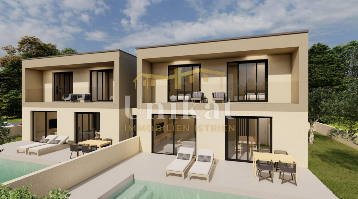 Progetto di nuova costruzione: casa bifamiliare con piscina, 2 camere da letto